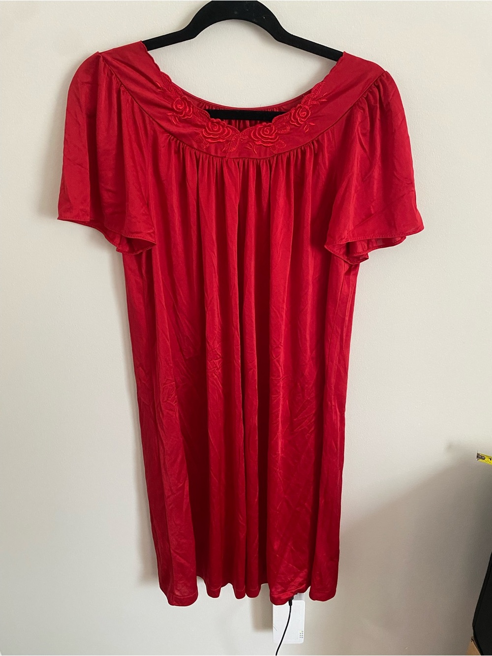 Vintage Shadowline Crimson Red Nylon Nightgown - Embroidered Rose Neckline Sleep